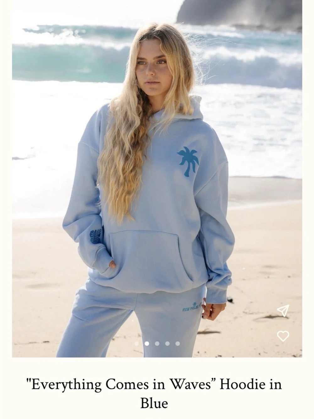 Pink Palm Puff  "Everything Comes in Waves" Hoodie in Blue